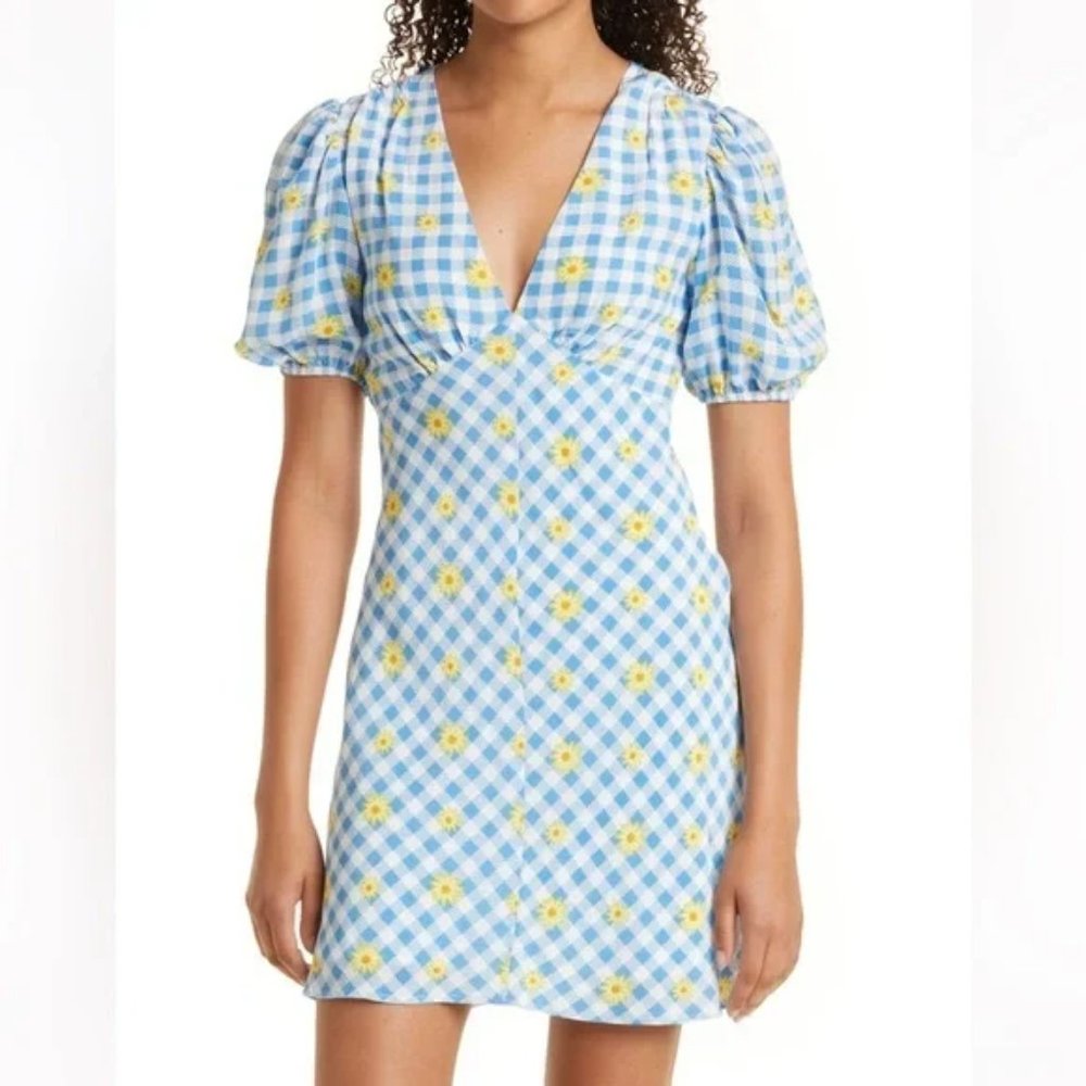 Staud Milla Dress Gingham Daisy Multi Blue White Yellow Floral Sundress NWOT
